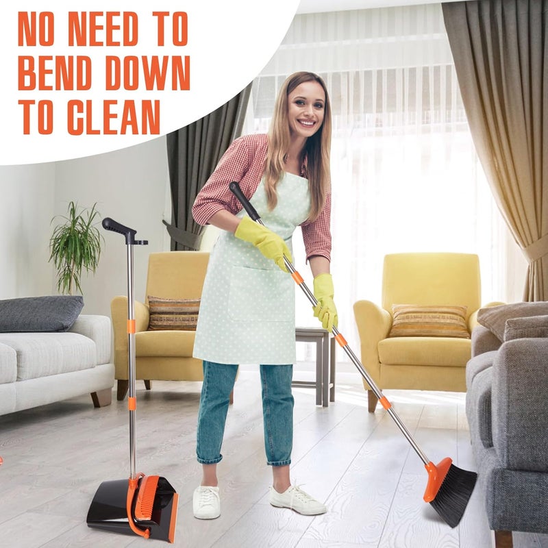 XXFLOWER Broom and Dustpan Set with Long Handle, Light Weight Stainless Steel Poles Stand Upright Dustpans with Broom Combo for Home Kitchen Office Pet Dog Hair, Black & Orange Color, 1-Pack - Image 3